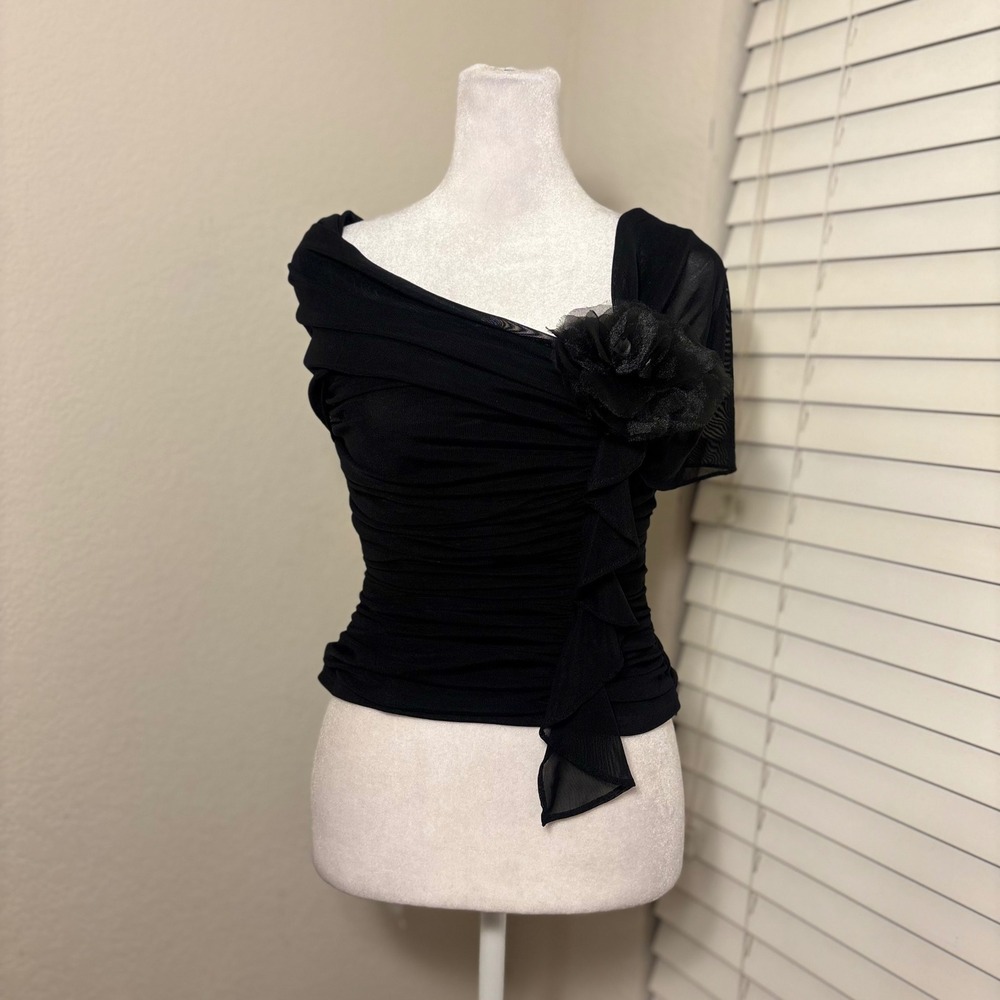 Joseph Ribkoff Trends Black Mesh Ruched Rosette Off Shoulder Blouse Top Size 4